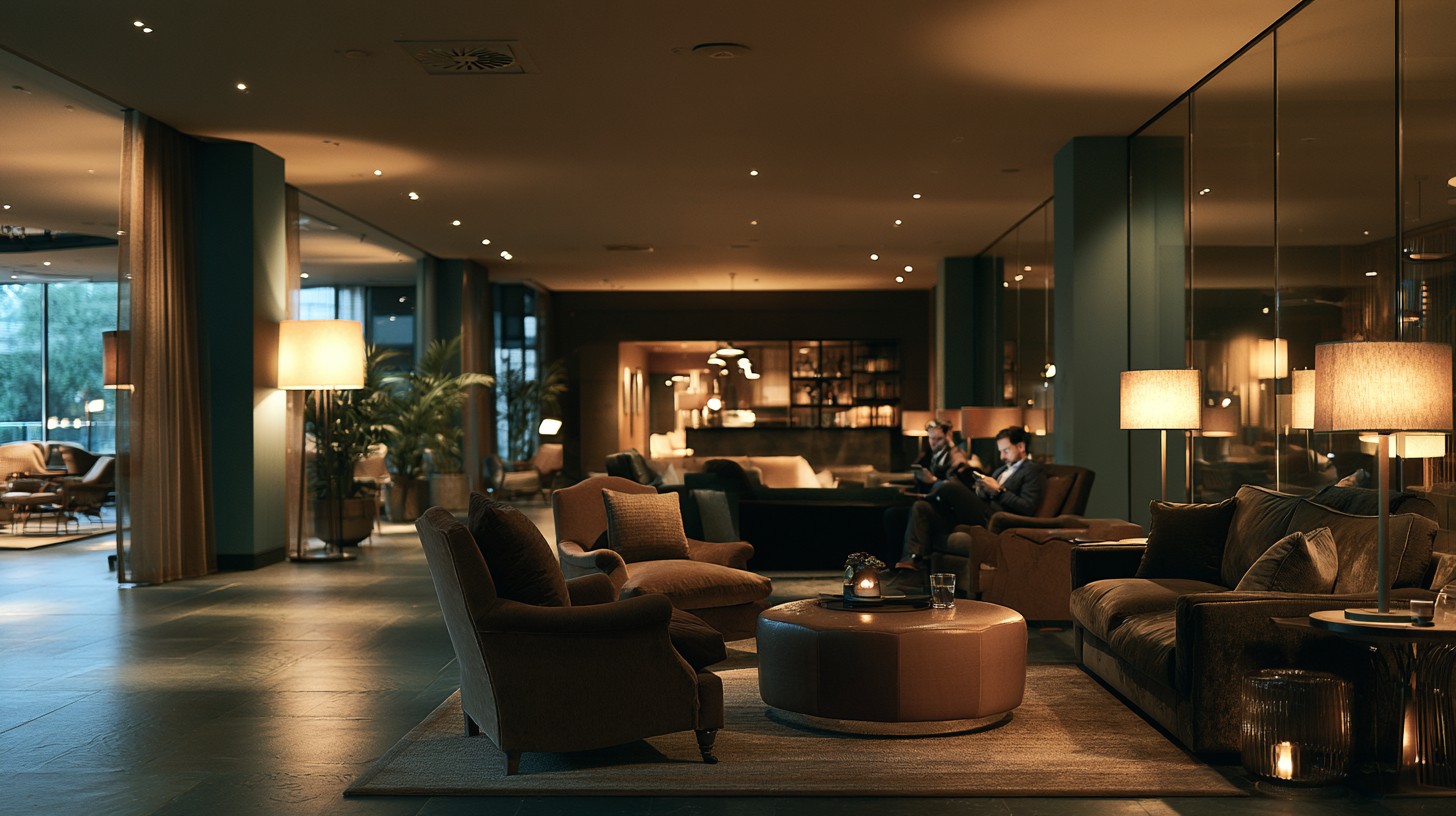 Quiet independent hotel lobby at dusk, warm lamplight, guests seated with their phones