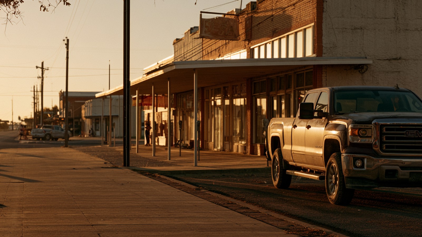 Small-town Texas main street storefronts at golden hour with a pickup parked at the curb