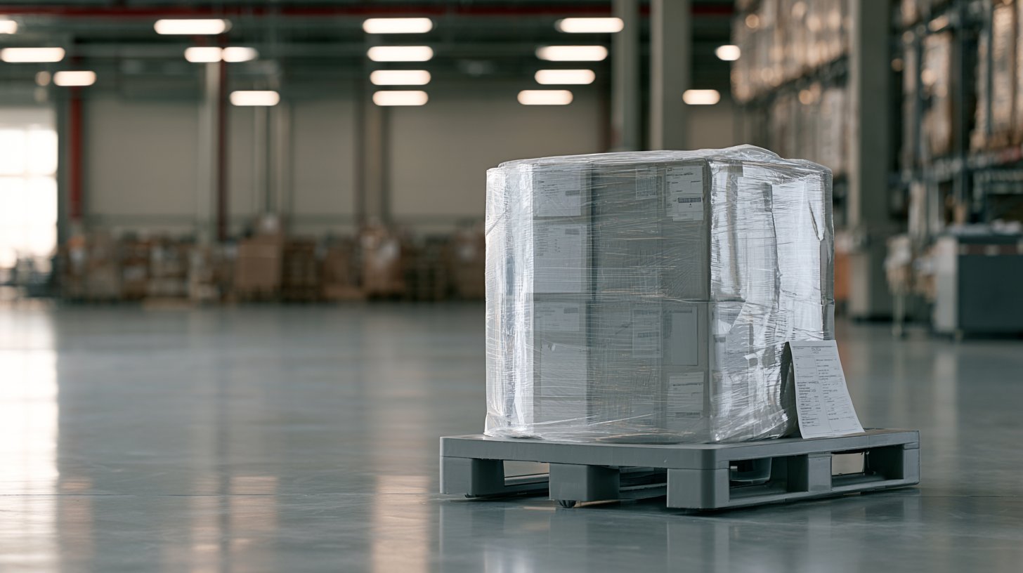 A shrink-wrapped pallet of boxed networking equipment sitting alone on a warehouse floor with a shipping manifest attached
