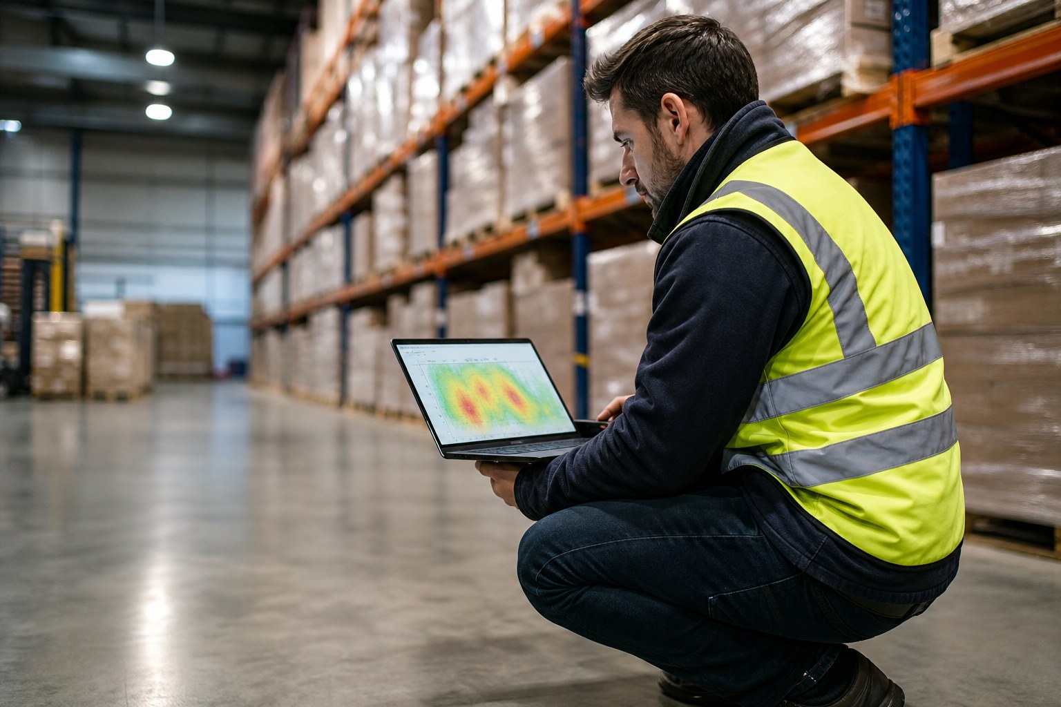 A wireless engineer in a hi-vis vest crouched with a laptop running a site survey inside a tall-racked distribution warehouse.