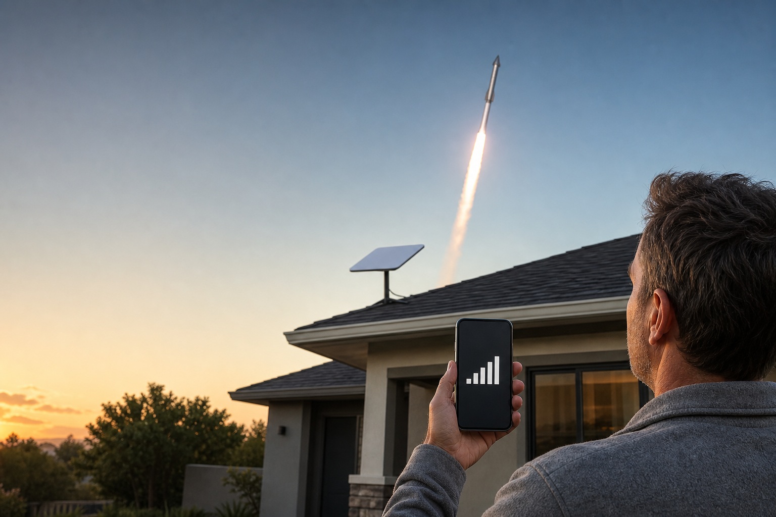 A person checks full signal bars on a phone outside a house with a rooftop Starlink terminal as Starship climbs overhead.