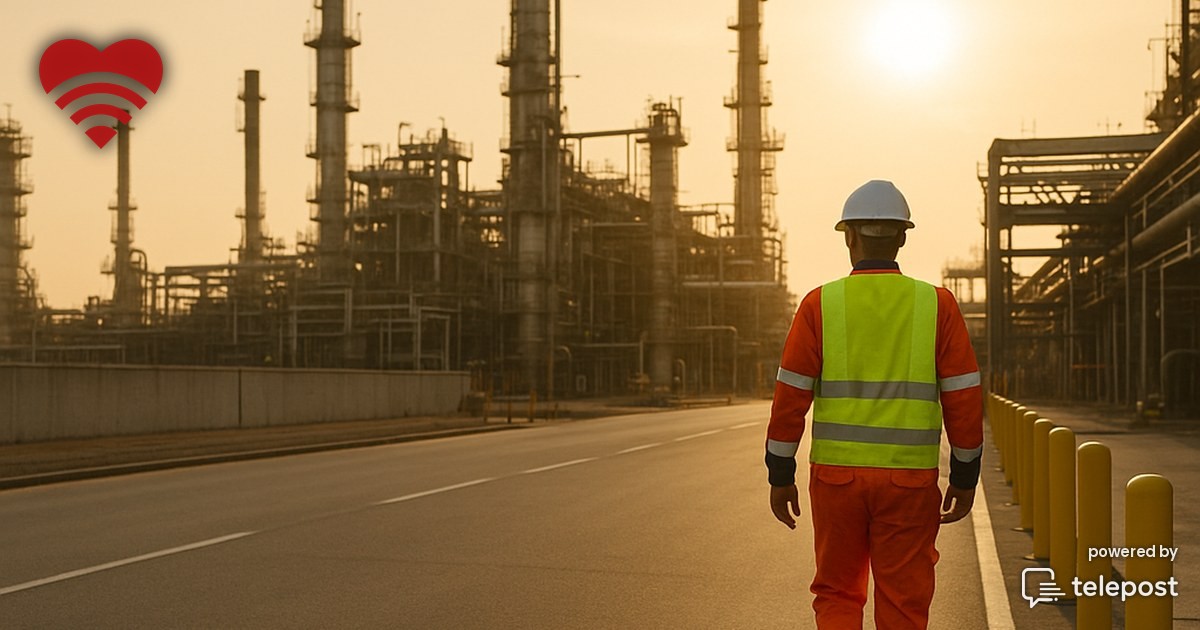 A refinery worker in a hard hat, safety vest and flame retardant coveralls walking along a marked path between process units, with yellow bollards edging the roadway and pipework rising behind.
