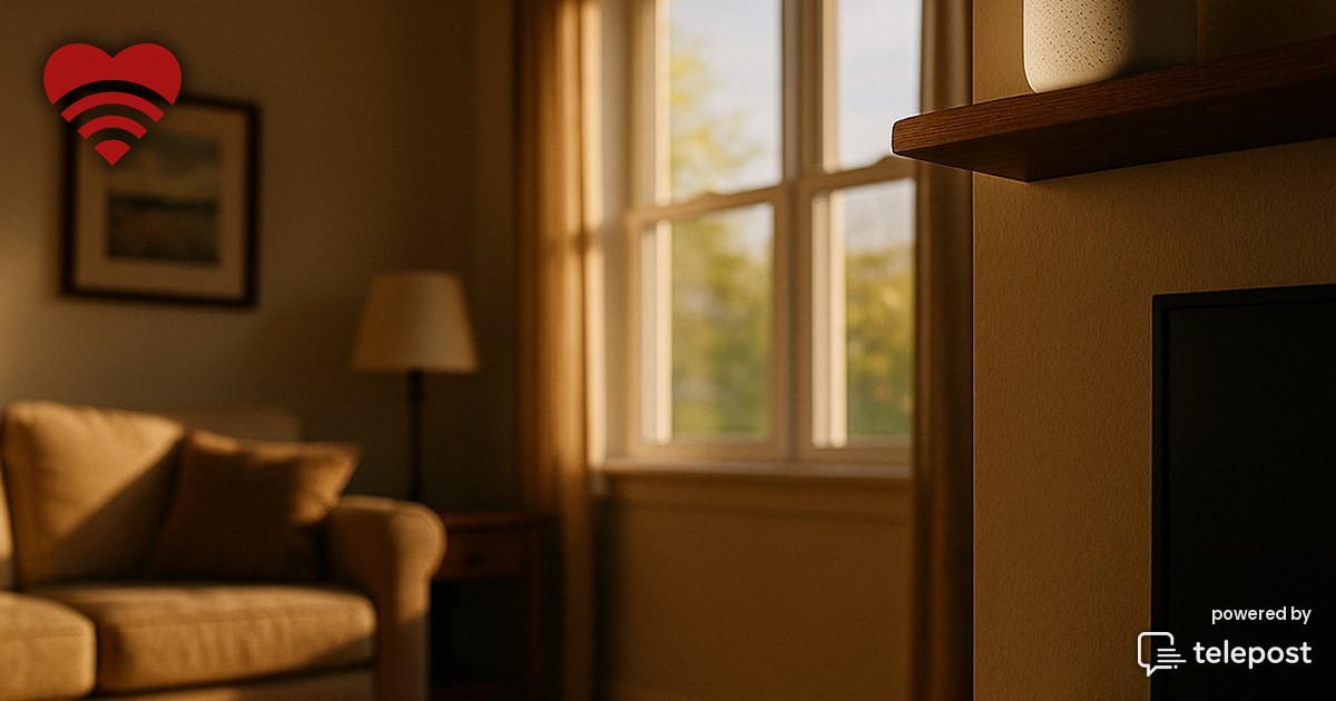 A residential ceiling and upper wall in a suburban home, with a small white mesh Wi-Fi node mounted high in the corner near a window, afternoon light falling across the empty wall below it.